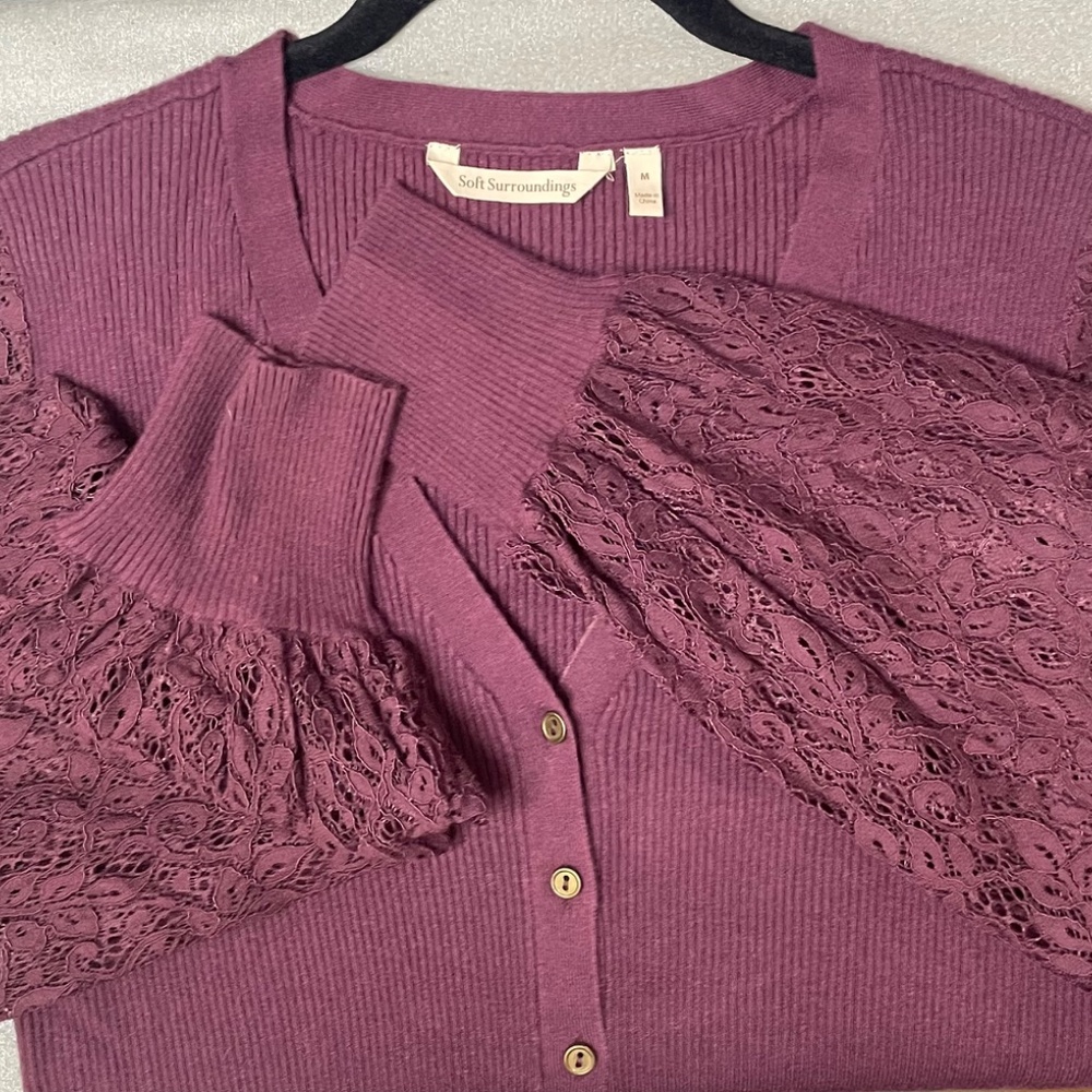 Soft surroundings, ribbed, knit, lace, sleeved cardigan
